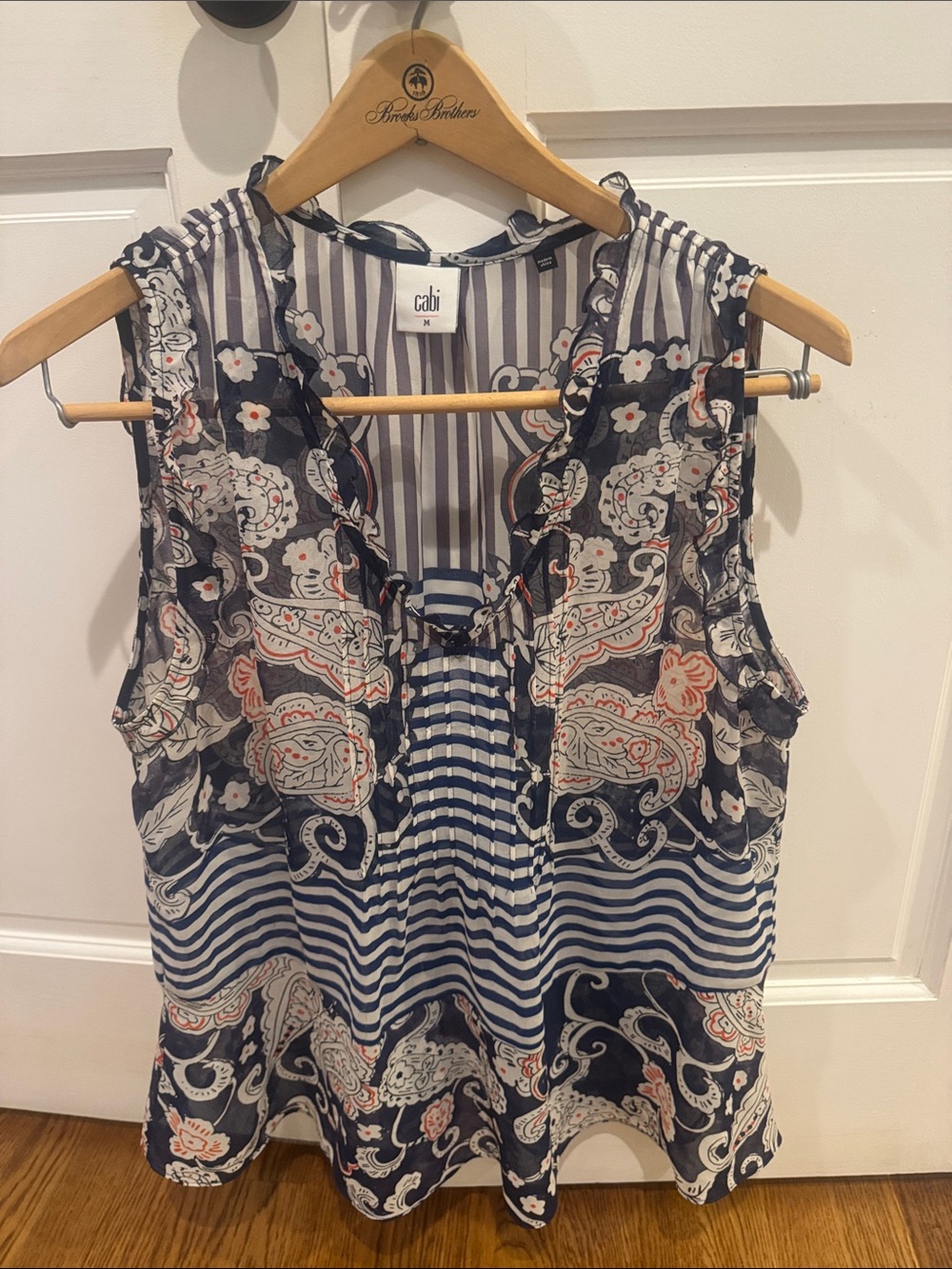 CAbi Navy, White & Coral Paisley Stripe Sleeveless Top